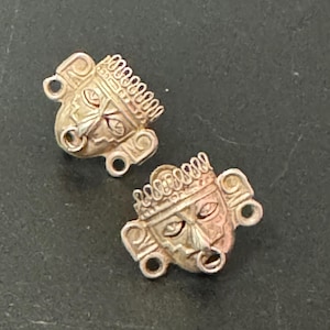 Vintage MPB Mexico silver Mayan Aztec tribal face clip on screw back earrings signed biano