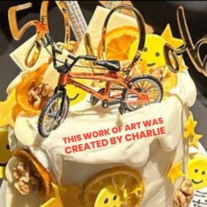 Op de afbeelding: Een versierde taart met een kleine oranje BMX-fiets erop. De taart is versierd met sinaasappelschijfjes, gele stervormige decoraties en de tekst "THIS WORK OF ART WAS CREATED BY CHARLIE".