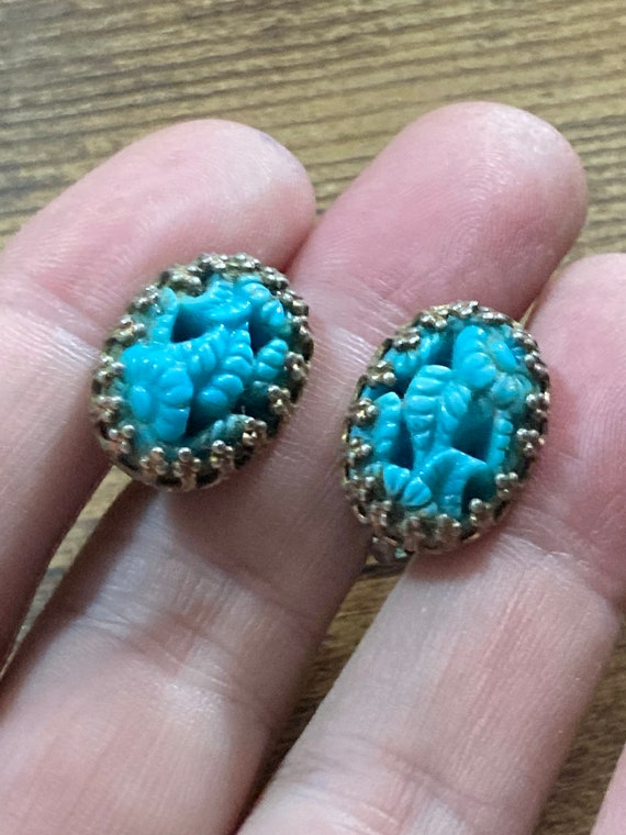 Boucles D'oreilles Clips Verre Bleu Turquoise - Modèle WG139, Bon état D'usage