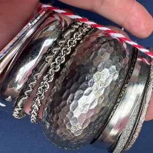 Silver Bangle Stack | Boho Festival Bracelets, Vintage Armful, 65Mm, Layered Metal, Retro