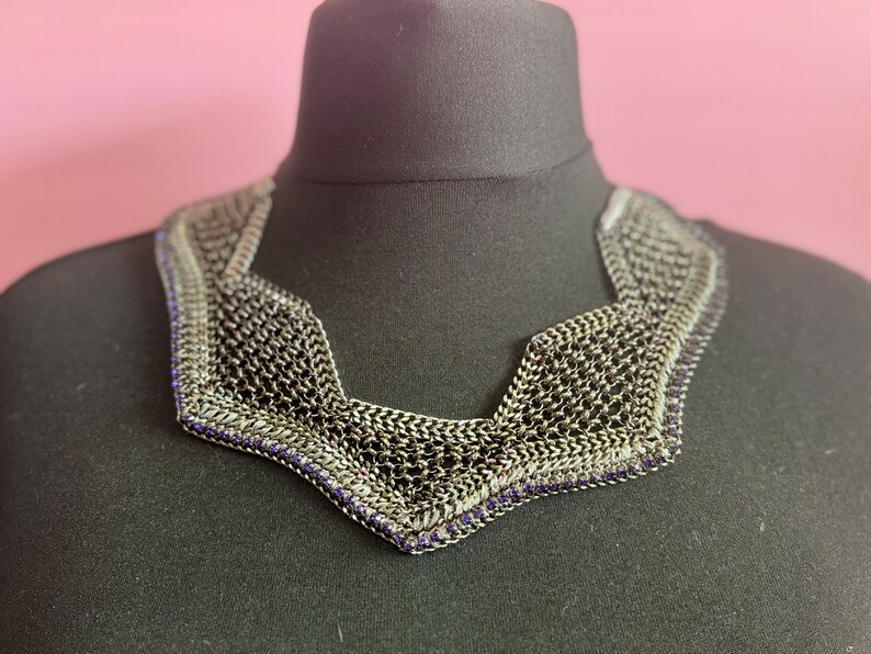 Retro deep purple Swarovski Crystal diamanté and dark grey silver tone chainmail wide choker necklace designer image 7