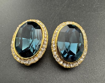 Boucles D'oreilles Clips Argentées Avec Cristaux Saphir - Style Vintage - Occasion Impeccable