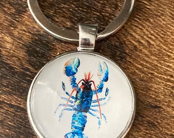 nautical blue lobster silver tone keyring glass cabochon
