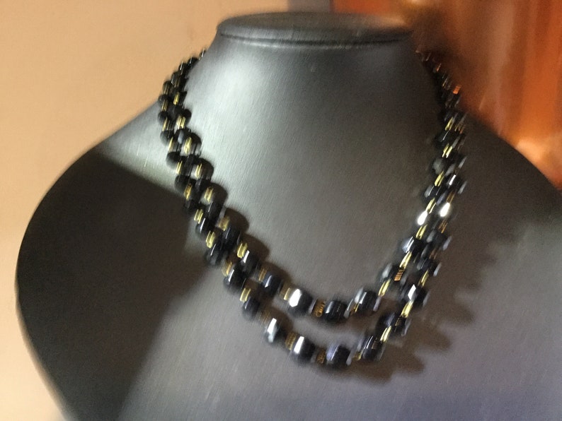 Antique French Jet Black Glass Lariat or sautoir long beaded flapper necklace with faceted beads vintage art deco 1920s 1930s