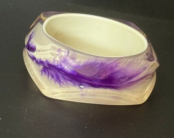 Oversized chunky purple feathers Perspex plastic resin wide cuff bangle 7cm diameter larger wrist bracelet