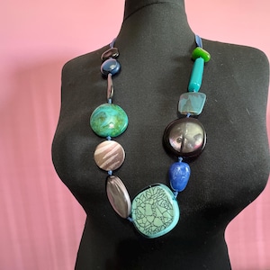 Retro Art Glass Panel Necklace: Abstract Beaded Station, 2000s Style