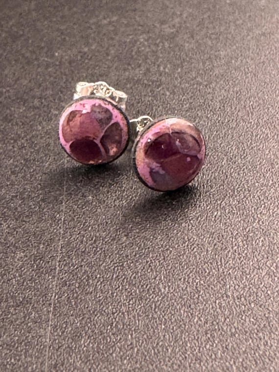 Purple Glass Stud Earrings: Small Round Sterling Silver Dainty