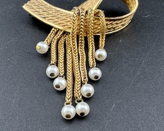 Broche Vintage Movitex - Nœud Doré Avec Perles - Bijou Fantaisie Pour Femme