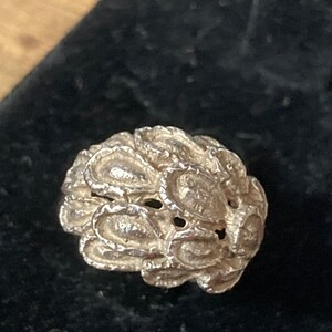 May include: A silver ring with a textured, organic design resembling a cluster of leaves or petals.