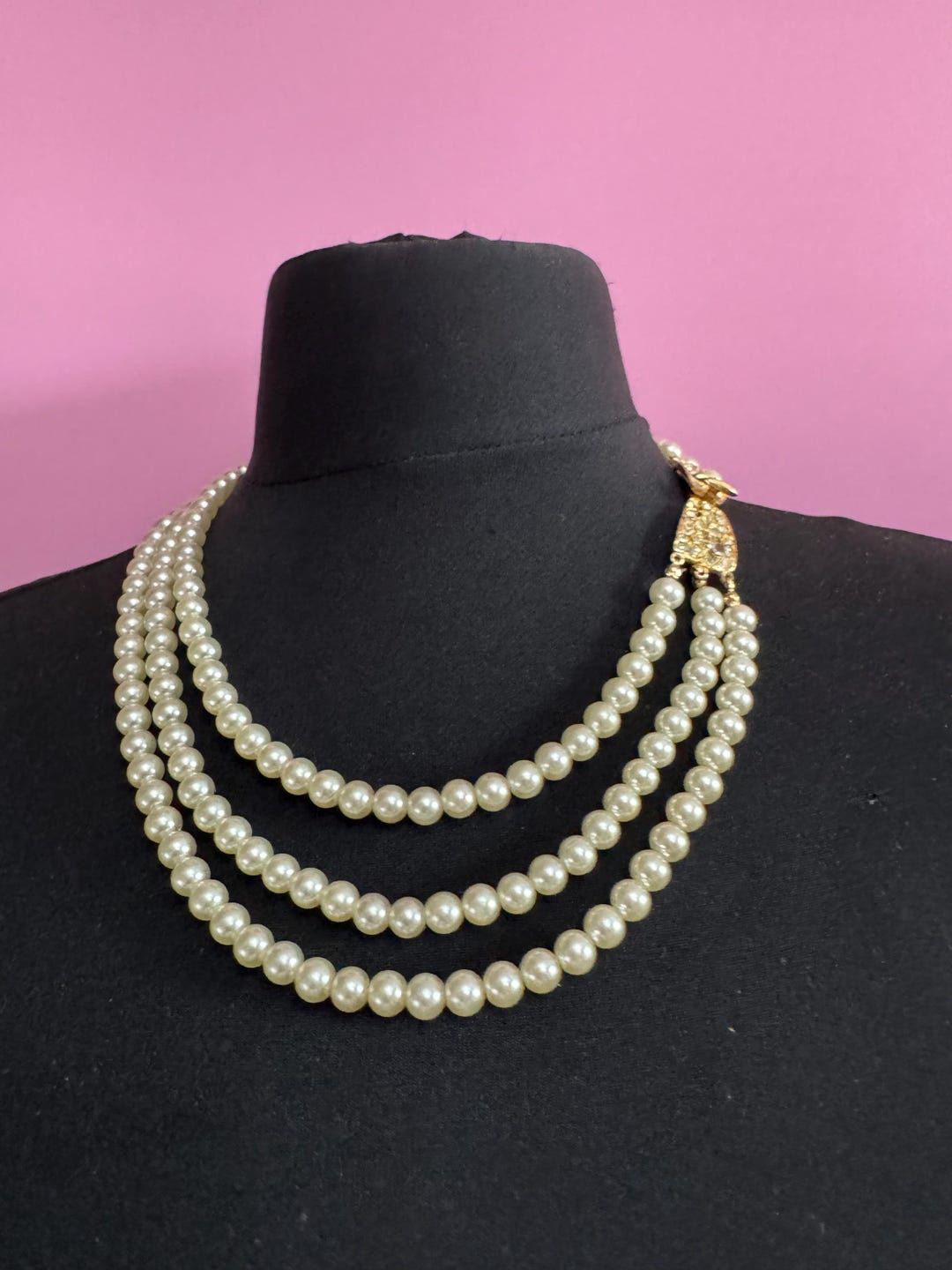 Pearl Necklace: Triple Strand Choker With Diamante Bow (vintage