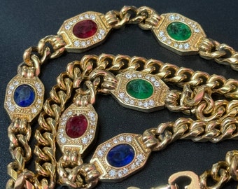 vintage Signed grosse gold tone red blue green Gripoix glass rhinestone diamanté station necklace 1990s ruby sapphire emerald poured glass