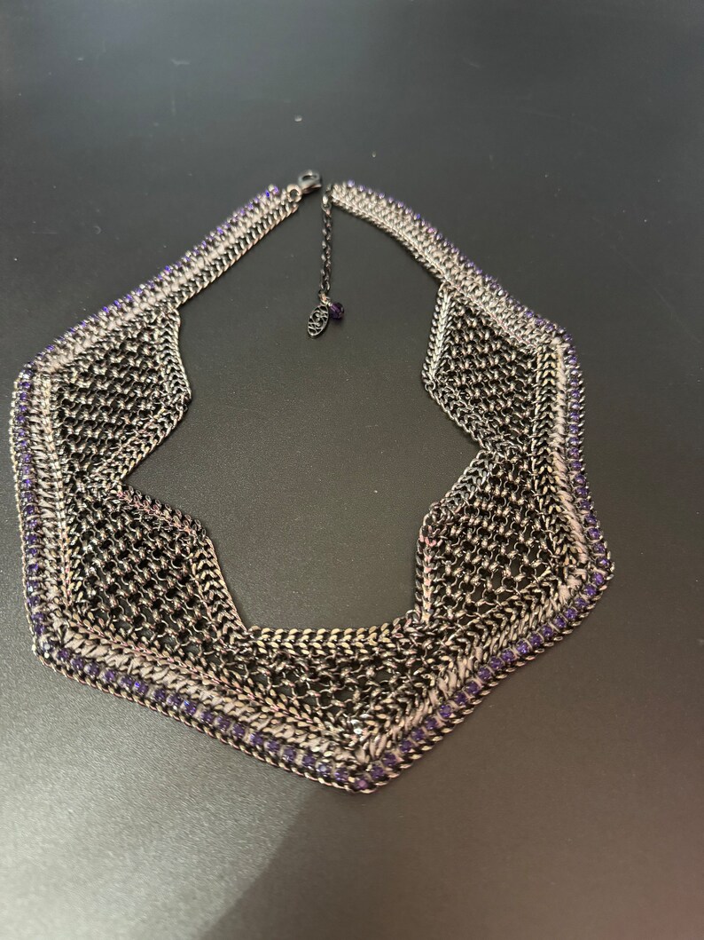 Retro deep purple Swarovski Crystal diamanté and dark grey silver tone chainmail wide choker necklace designer image 5
