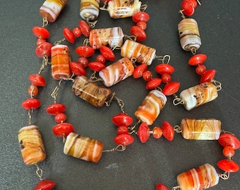 Vintage End of Day Bead Necklace: Red Orange Glass & Ceramic, Gilt Chain (72cm)