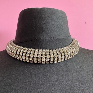 46cm Vintage clear diamanté wide rhinestone crystal silver tone choker necklace