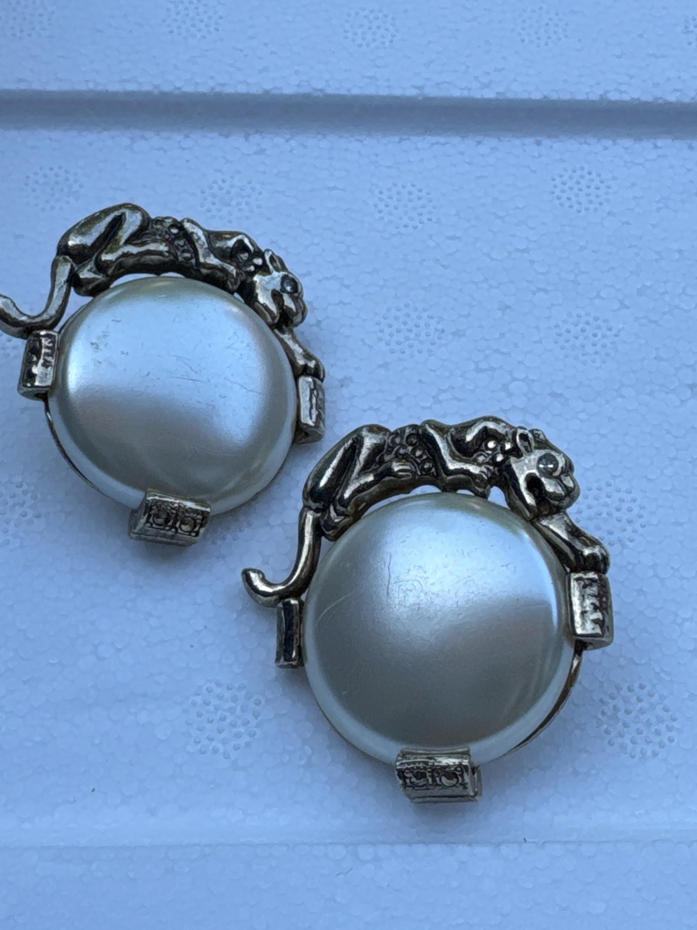 ■VINTAGE HOLLYWOOD■ Big Ball One Touch Earrings VH2336EA01 XL 4cm Bulatti Style Retro 1980s 1990s Big Cat Tiger Pearl