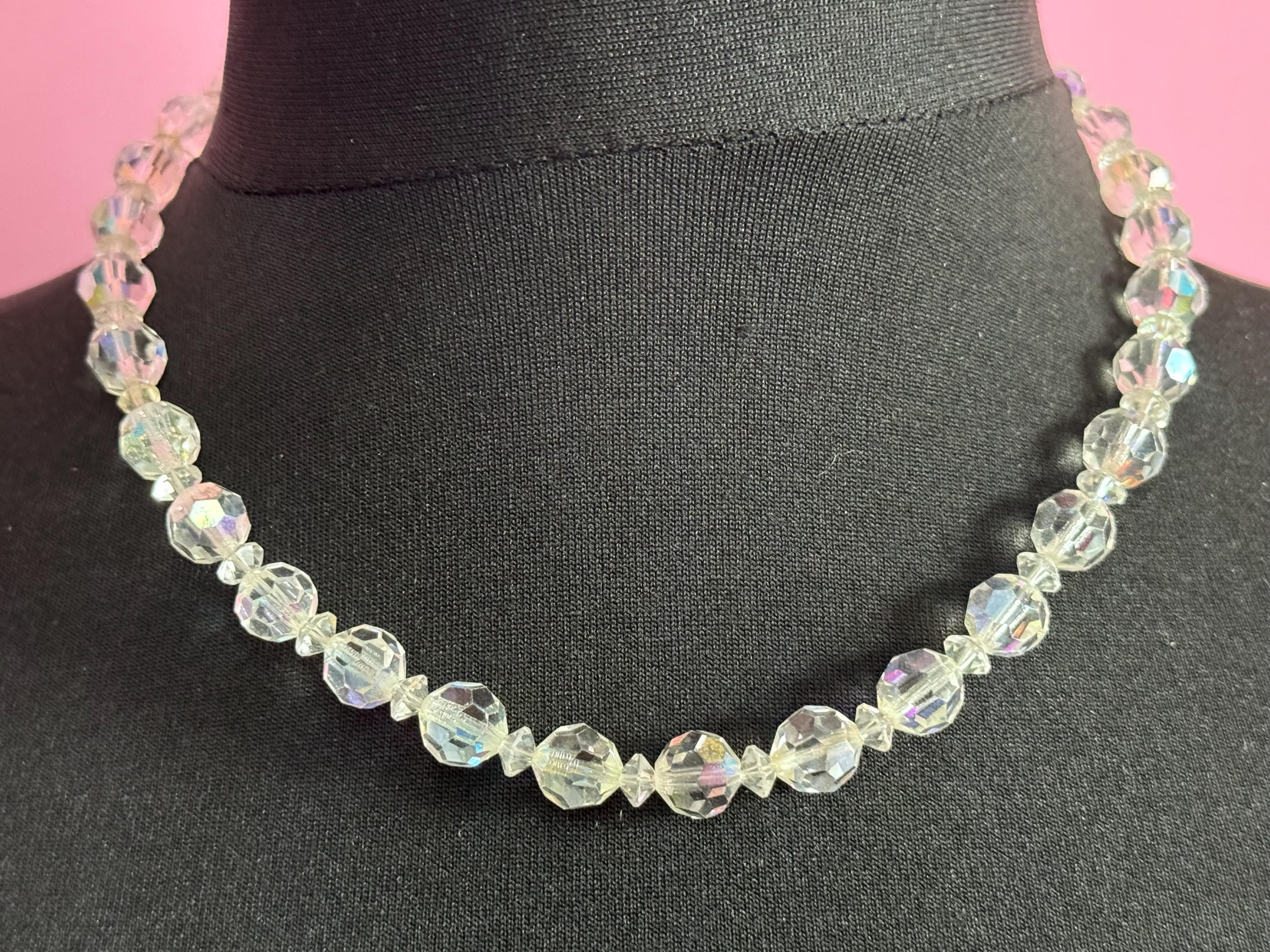 Collier Ras De Cou 2 Rangs - Perles De Verre Facettées Irisées - Gris - Bijou Vintage