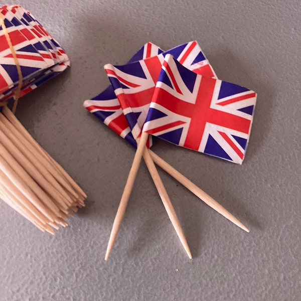 pack of 50 x Union Jack Flag Cocktail Sticks kings coronation cupcake toppers