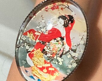 Japanese geisha girl ring,  adjustable stainless steel red