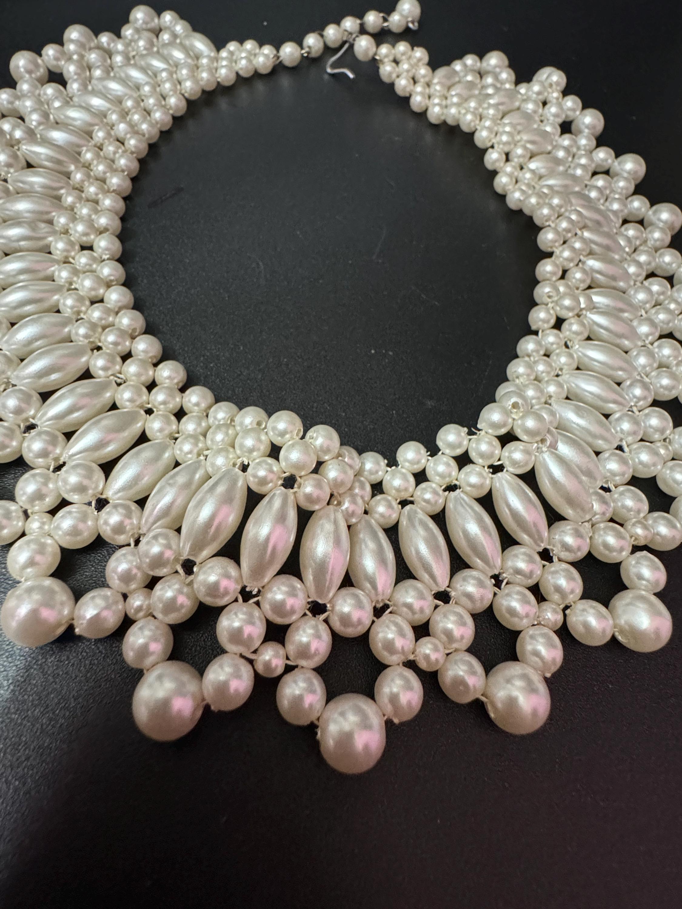 Vintage Faux White Plastic Round Pearl Woven Multi Strand