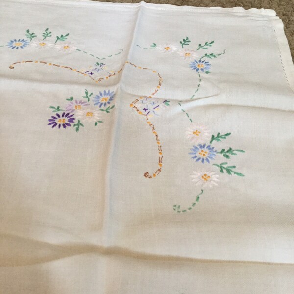 Retro  Vintage table cloth white square embroidered floral tablecloth pink purple blue spring flowers cottage chateau