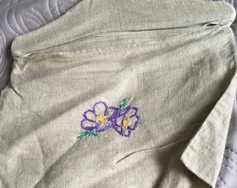 Vintage hessian brown cotton hanging PEG BAG purple  embroidered pouch