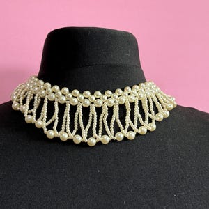 Vintage faux white Plastic round pearl woven multi strand choker collar necklace
