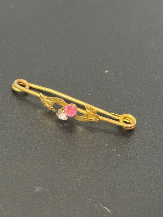 Antique Vintage gold tone Pink and clear dainty r… - image 3