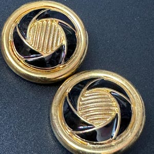 Oversized vintage French black enamel gold low domed metal clip on earrings 1960s old shop stock