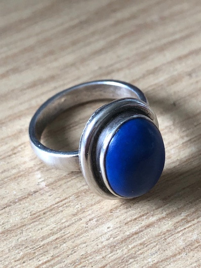 vintage retro 925 sterling silver Lapis Lapiz Lazuli Cobalt Bright Blue Gem Set Cabuchon dress cocktail ring size M us 6 6.5