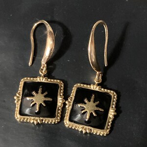 18k gold plated black enamel Victorian star charm panel earrings