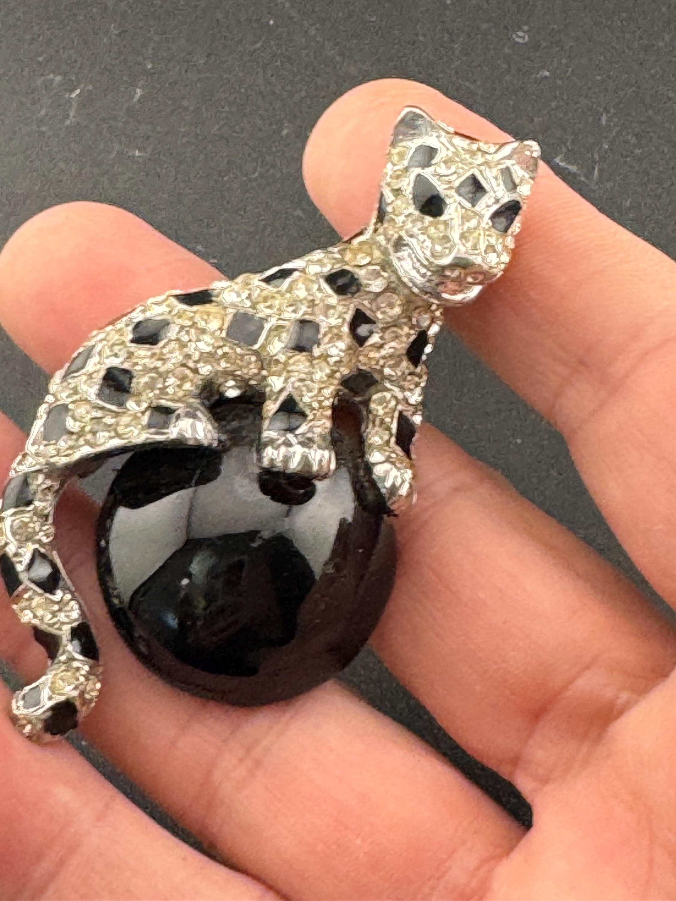 Signed Vintage Leopard Brooch, Black White Rhinestone Statement
