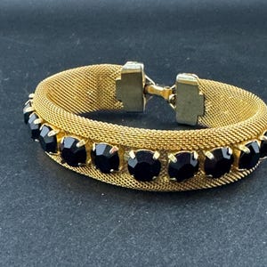 Vintage black rhinestone paste Glass Gold Tone mesh wide cocktail bracelet