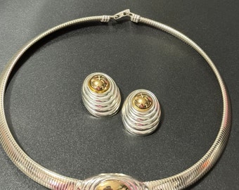 Signed KJL Kenneth Lane for Avon chunky silver and gold tone choker and matching clip on earrings jewellery set