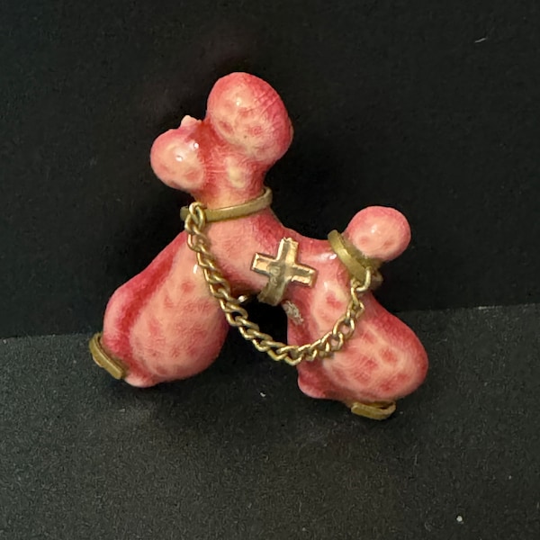 Vintage pink ceramic POODLE Dog Brooch Pin mid century