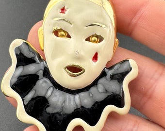 Enamelled Pierrot Brooch: French Clown Pin with Gold Interior