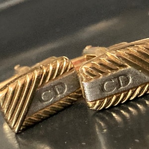 CD monogram signed CHRISTIAN DIOR cufflinks gold and brushed silver tone metal mens vintage designer