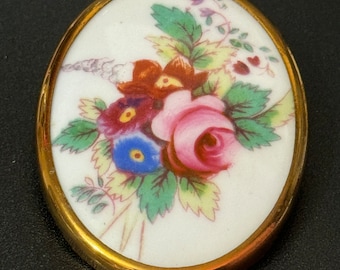 royal Worcester brooch,  pink English roses floral porcelain bone china with gilded edge