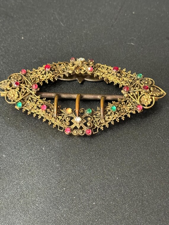 Czechoslovakia Rhinestone Filigree Belt Buckle Set Vintage Rhinestone Filigree Belt Sash Buckle 2 Piece  main image 4