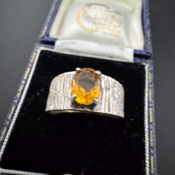 Size N brutalist citrine ring:  orange gemstone 925 Sterling silver 1970s