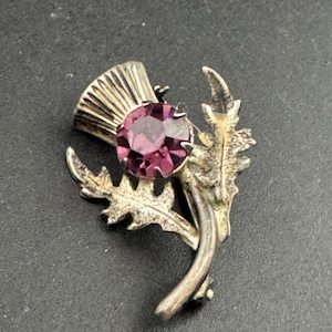 Vintage Scottish Thistle Brooch: Sterling Silver Amethyst Rhinestone, Signed WB