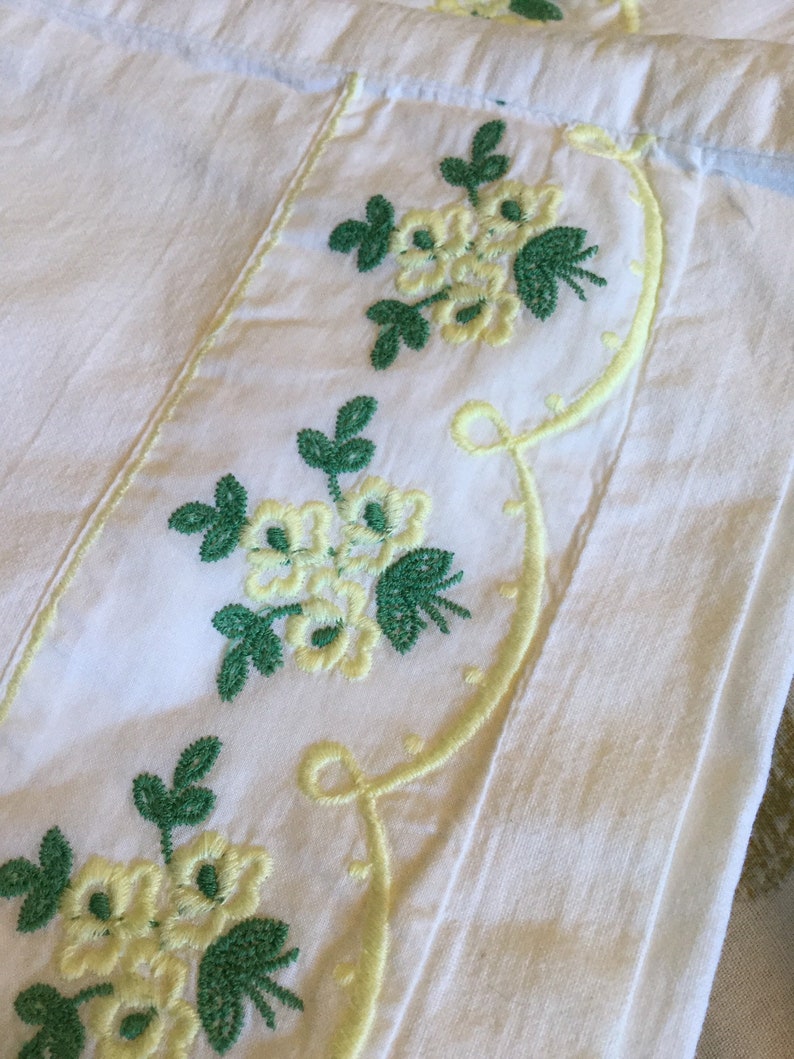 Pair 2 Chateau chic bedding decor pair of white cotton embroidered pillowcases with green yellow ditsy flowers roses 28 x 18 inches
