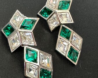 Vintage Swarovski Crystal Star Earrings: Emerald Green, Silver Tone, 1980s