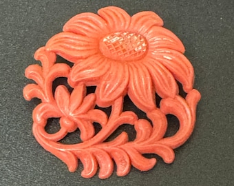 Early Plastic Art Deco orange carved floral brooch pin  1920s 1930s Antique Vintage celluloid Kitsch