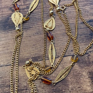 Vintage gold tone filigree metal station chain link necklace brown orange glass beads