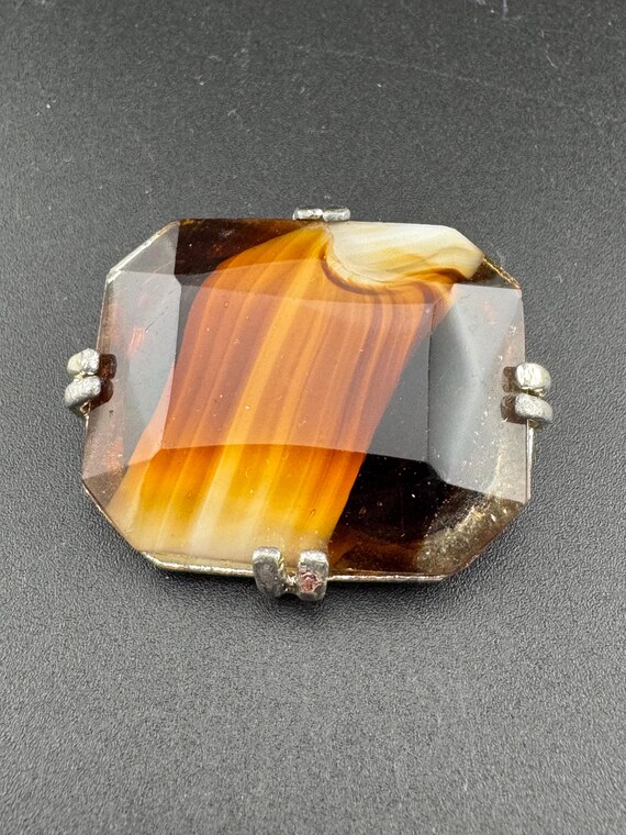 Gold tone rectangular brooch large brown faux mar… - image 2