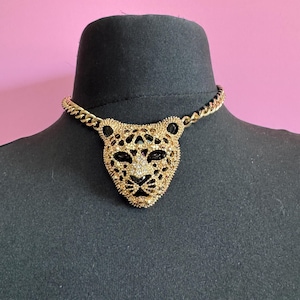Y2K Leopard Head Choker: Retro Black & Gold Curb Chain Necklace