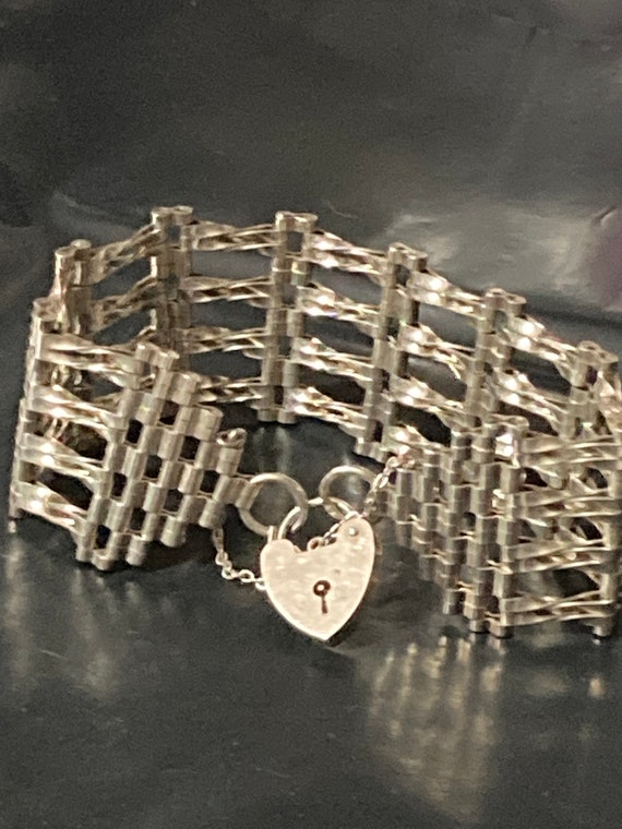 Vintage 925 Sterling Silver Double 4 Bar Gate Bracelet With Heart 