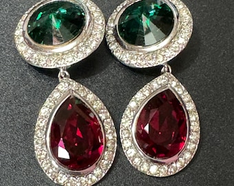 Teardrop Earrings, Emerald Swarovski Crystal | 1980S Clip-On | Oversized Dangly Statement