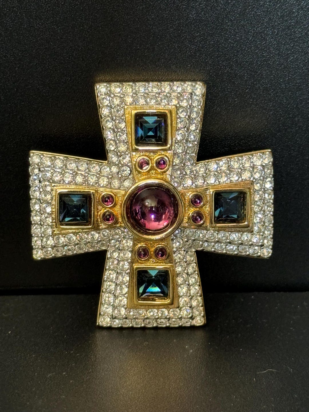 Retired Swarovski Crystal Maltese Cross Brooch: Diamanté Gold Tone
