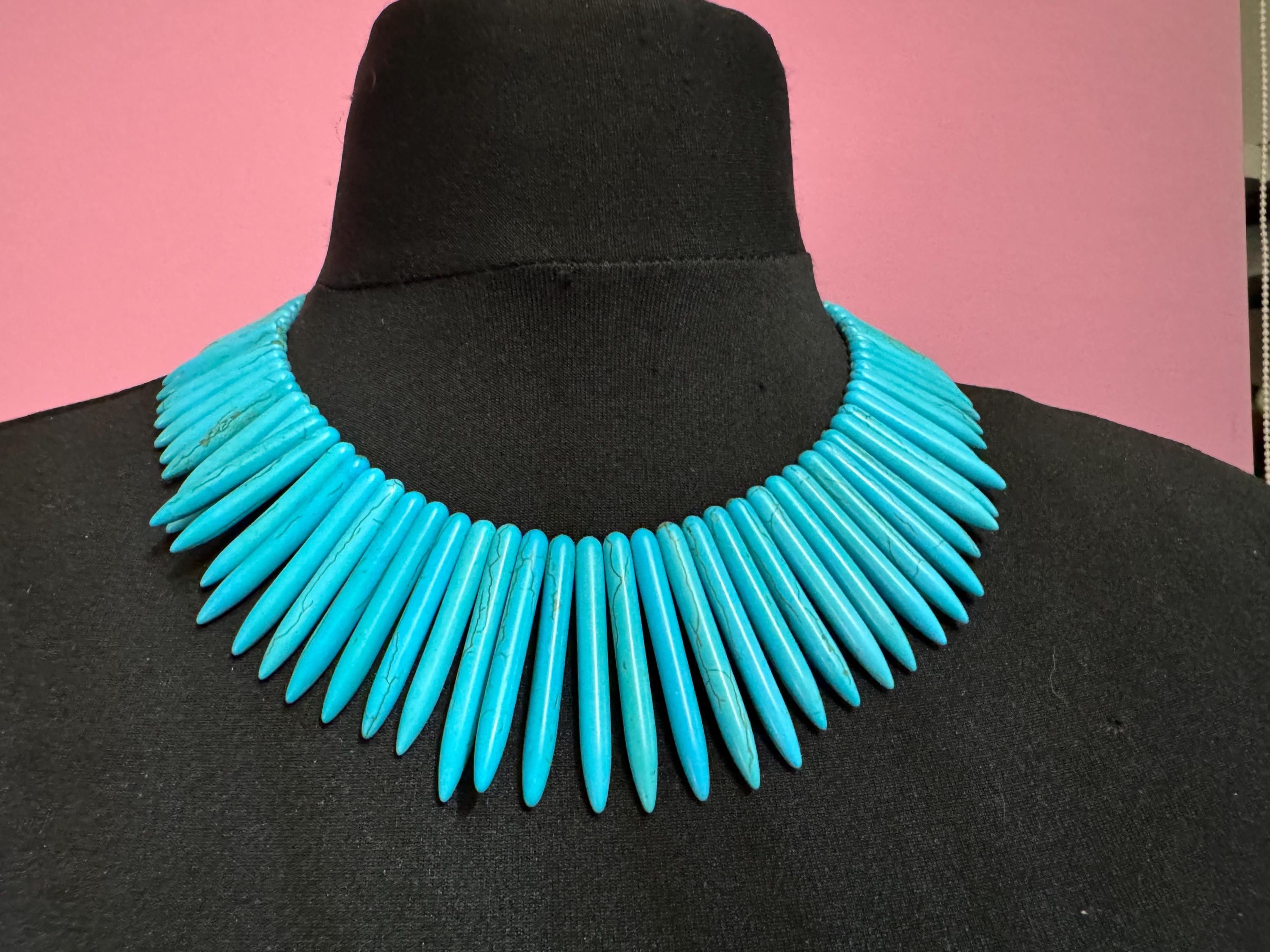 KJL Bib Necklace: Turquoise Howlite Spikes - Signed Kenneth Jay